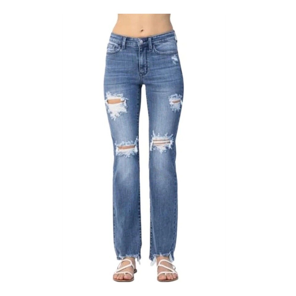 Judy Blue Straight Fit Women's Jeans Blue Distressed Frayed Hem Stretch Mid Rise